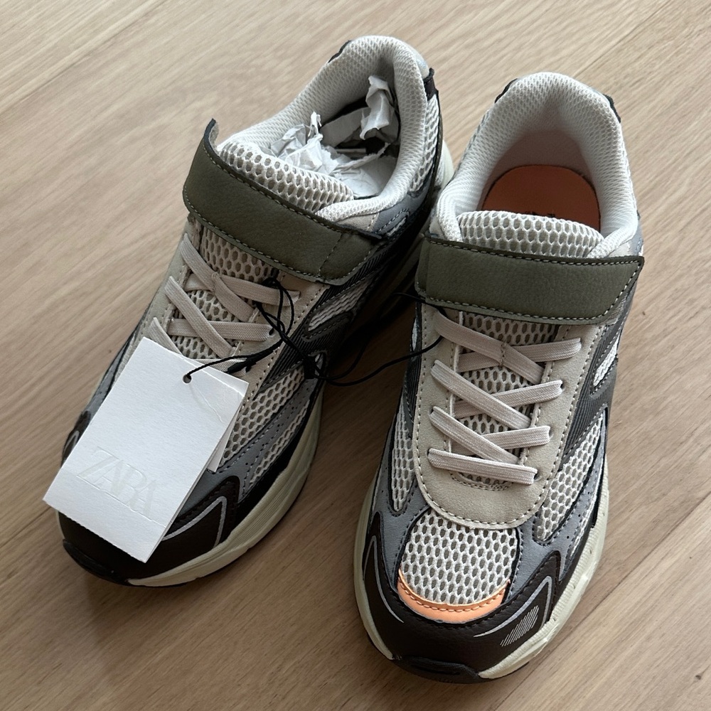 Zara Beige, Olive & Gray Kids Mesh Sneakers with Copper Accent
